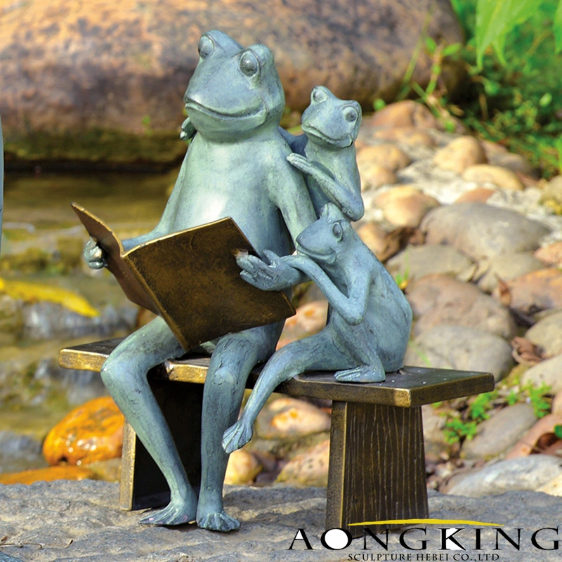 Reading Frog Family, Patina Animal Statue for Bench Ornament