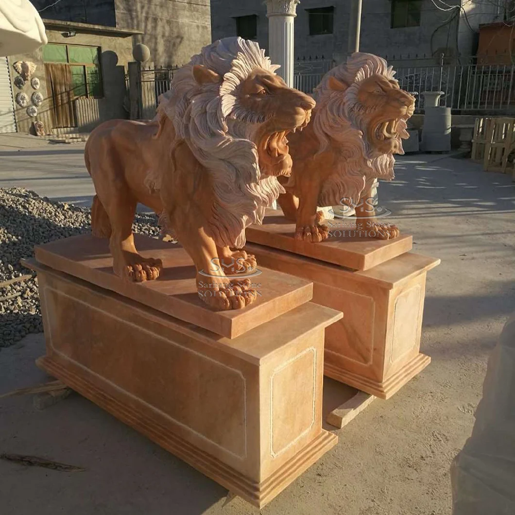 Garden Carved Animal Sculpture Yellow Marble Lions Statues